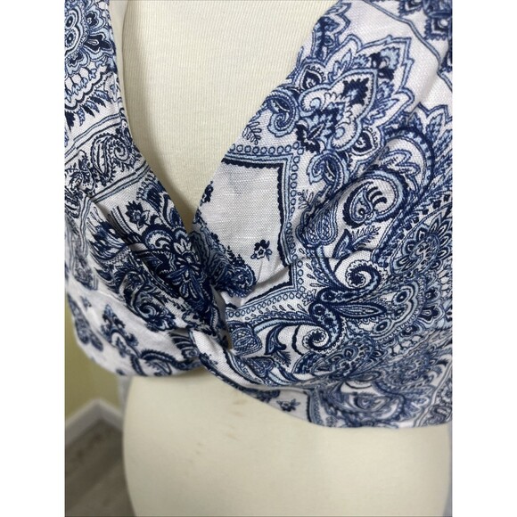 C&C California Twist Front Crop Top 100% Linen Blue Ivory Size XL NEW - Picture 2 of 8